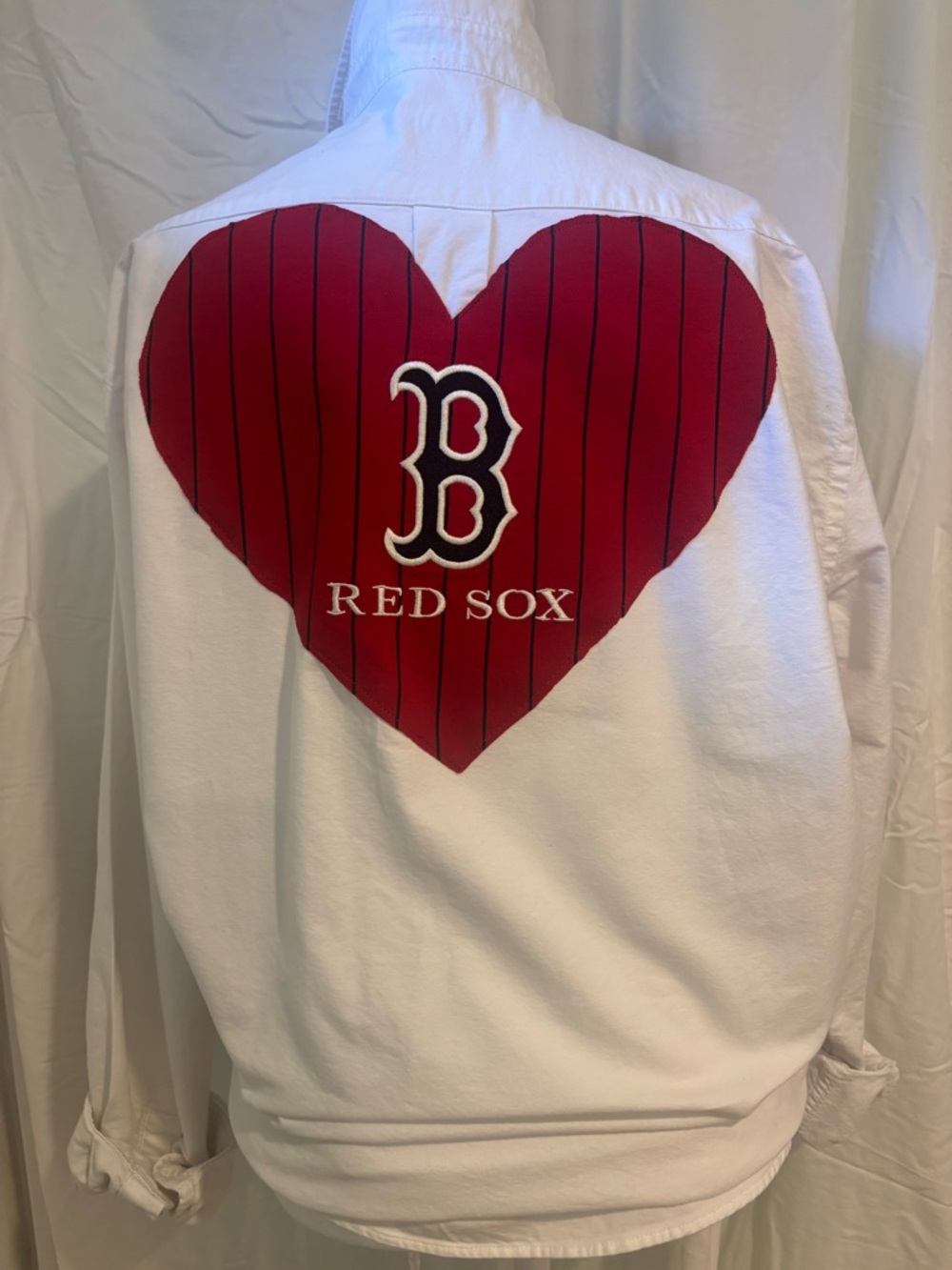 Custom Upcycled Boston Red Sox Heart Button Down Shirt White with Red - XL